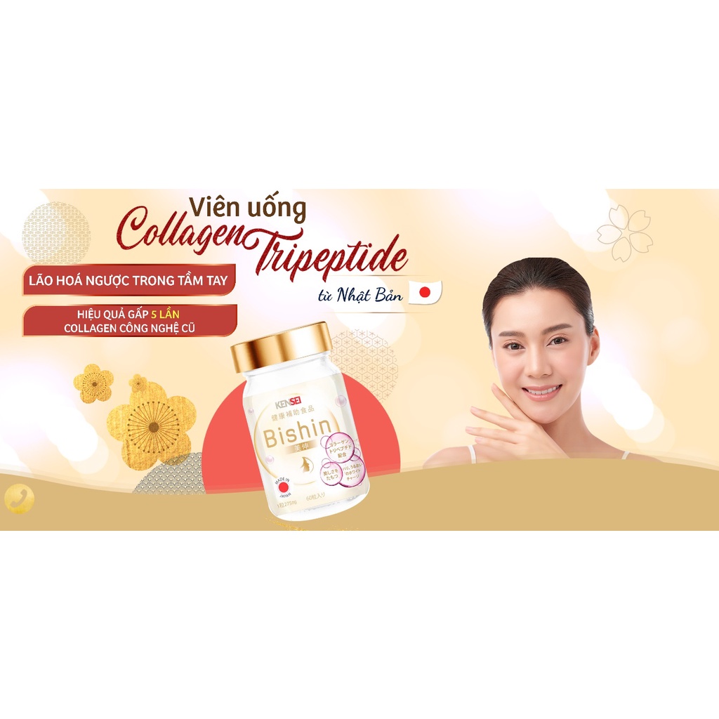 Viên uống tripeptide collagen giúp trắng da, mờ nám, chống lão hoá, săn chắc, giảm nếp nhăn Kensei Bishin (Nhật Bản)